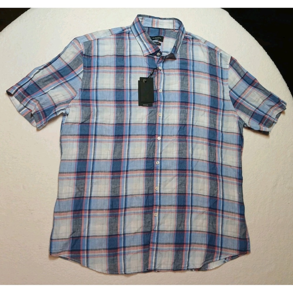 BUGATCHI Shirt 3XL NWT Orson Riviera Plaid Linen Short Sleeve Shaped Fit New